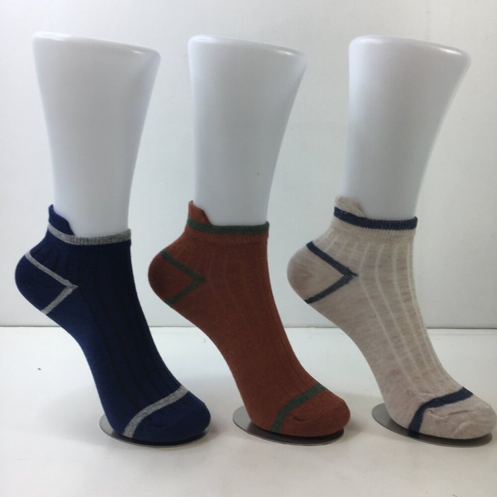 Womens Ankle Socks Set 3 Solid Ribbed Texture Blue Rust Red Cream